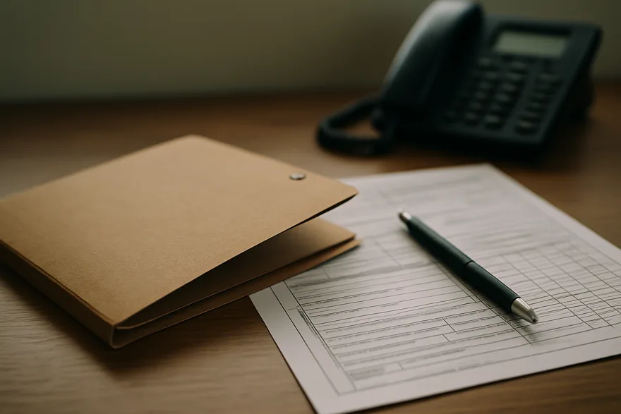A paper claim folder, printed forms and a pen on a desk beside a phone, shallow depth of field