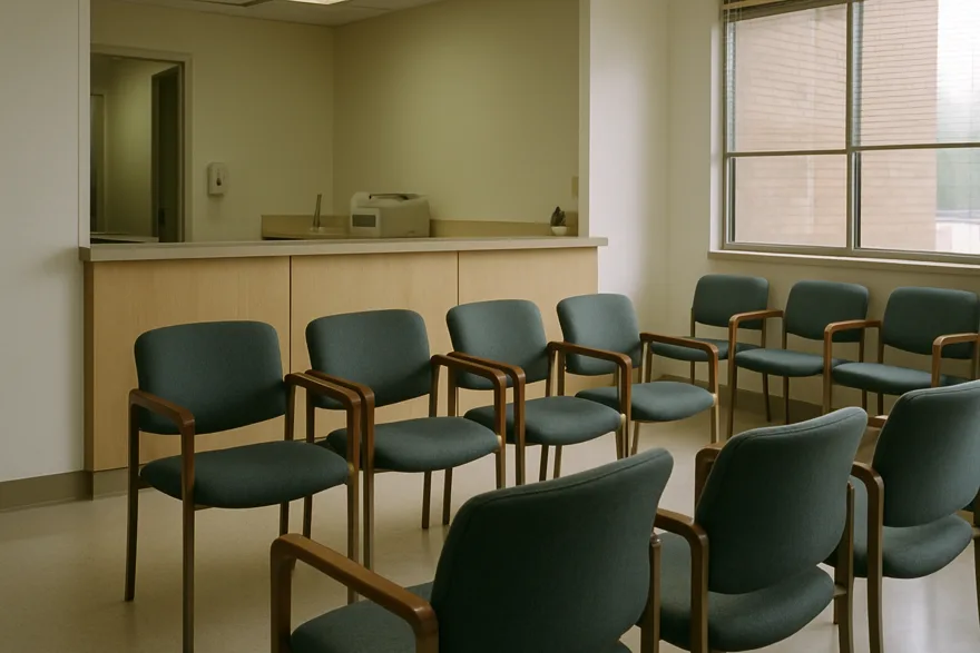 A quiet medical clinic waiting area with empty chairs and a reception counter, nobody in frame