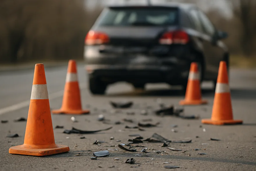 Orange traffic cones and scattered debris on a road at a minor accident scene, a blurred car rear in the background, no license plates