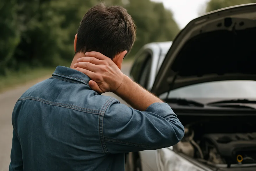 A person seen from behind holding the back of their neck while standing beside a car in daylight